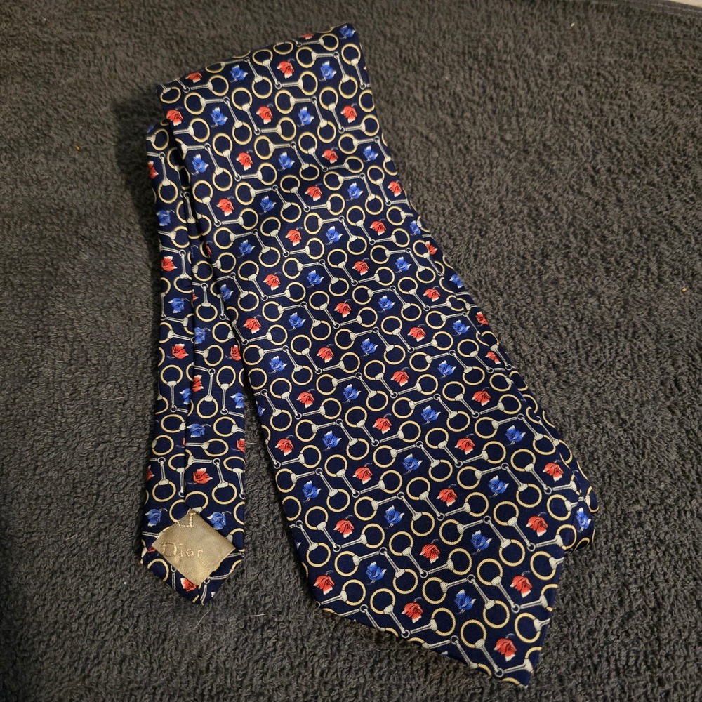 Christian Dior Clothing Necktie Mens OS Navy Blue Equestrian Horse Bit Silk Tie